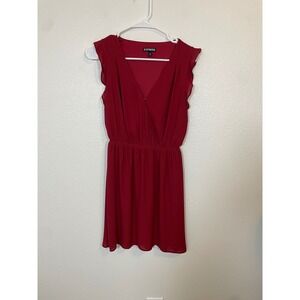 Express Women's XS Red Flutter Sleeve V Neck Faux Wrap Elastic Waist Dress